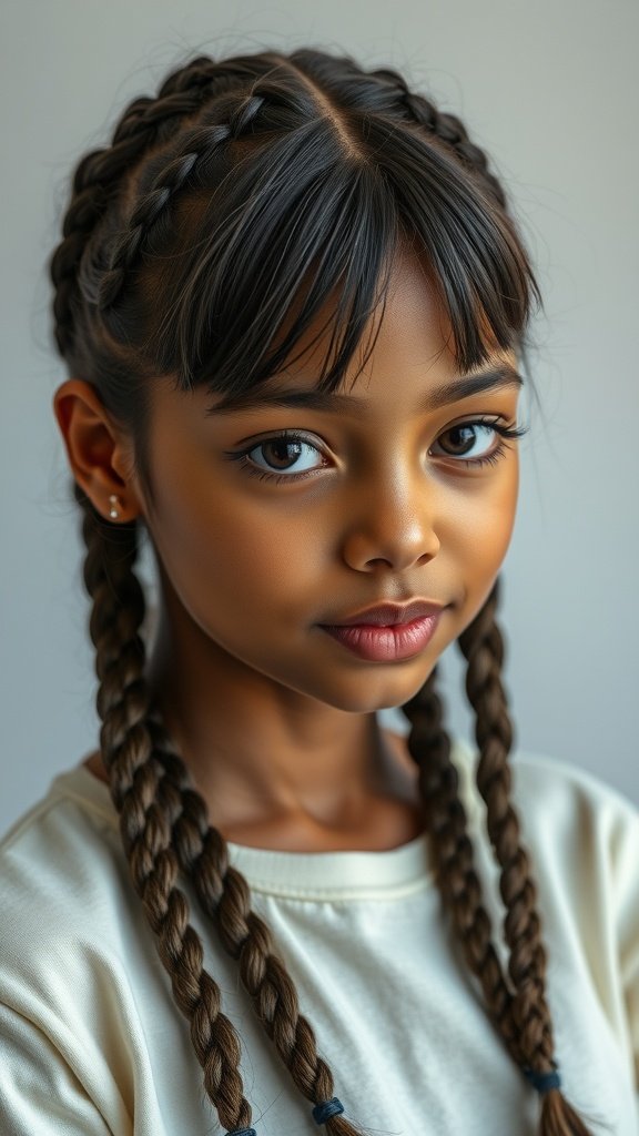 A young girl with knotless braids and braided bangs, showcasing a stylish and playful hairstyle.