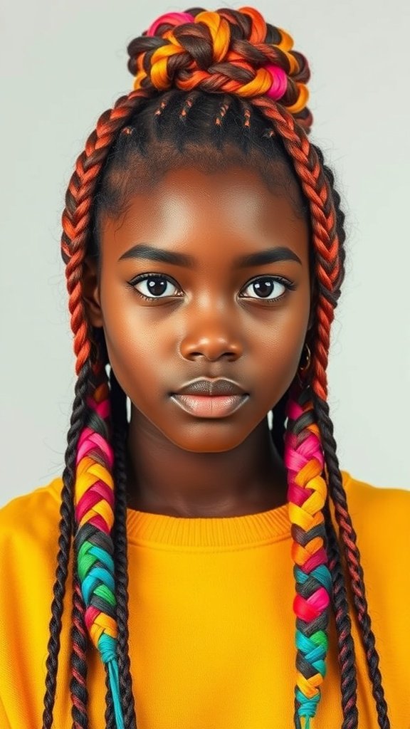 A young person with colorful knotless braids styled in a bun and long braids, showcasing vibrant colors like pink, orange, and teal.