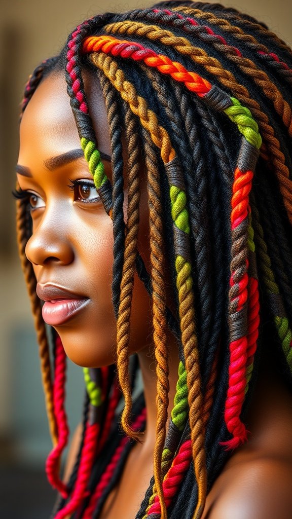 A close-up of a woman with colorful knotless braids featuring vibrant hues like red, green, and orange.
