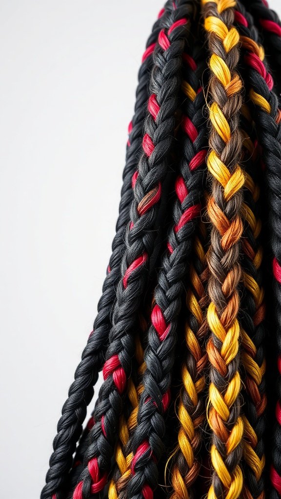 Colorful knotless braids featuring black, red, and golden streaks.