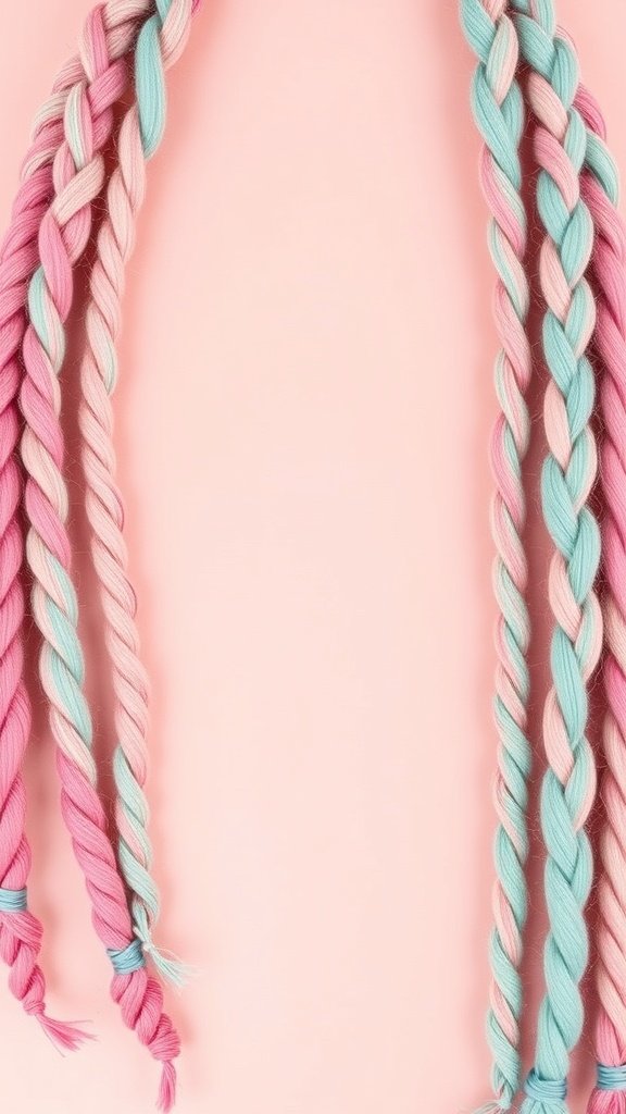 Colorful knotless braids in pink and blue against a pink background.