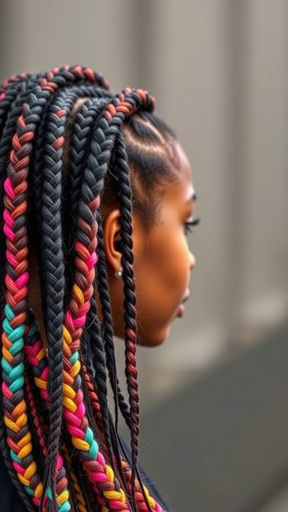 A close-up of knotless braids with vibrant color accents, showcasing a stylish hairstyle.