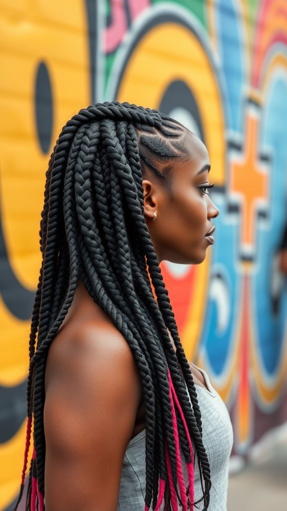 A woman with knotless braids featuring pink highlights, standing in front of a colorful mural.