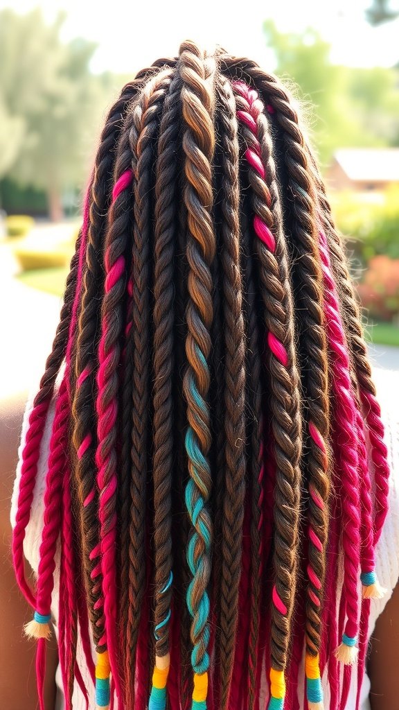 A close-up view of knotless braids featuring vibrant pink and blue highlights, showcasing a stylish and colorful hairstyle.