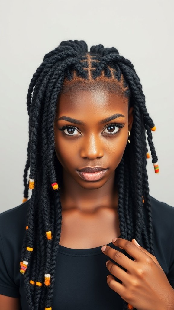 A woman with knotless braids featuring colorful beads, showcasing a stylish and vibrant hairstyle.