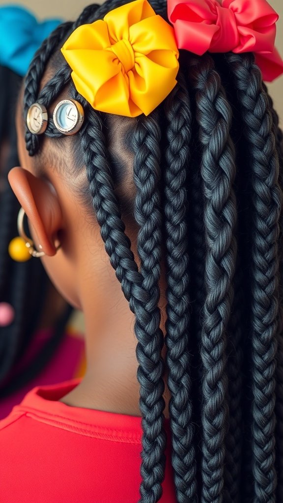 Close-up of black knotless braids with colorful bows