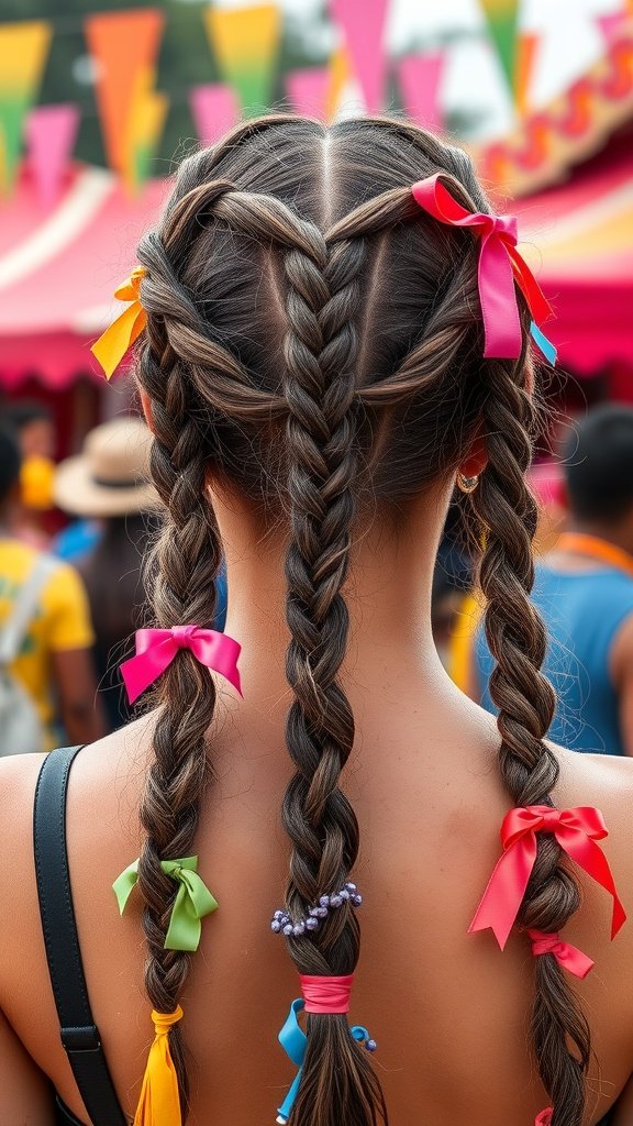 A person with colorful knotless braids adorned with ribbons, showcasing a fun and vibrant hairstyle.