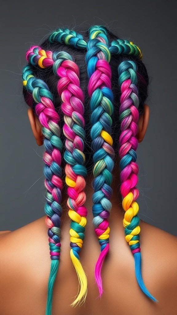 Colorful knotless braids in vibrant hues of pink, blue, yellow, and green.