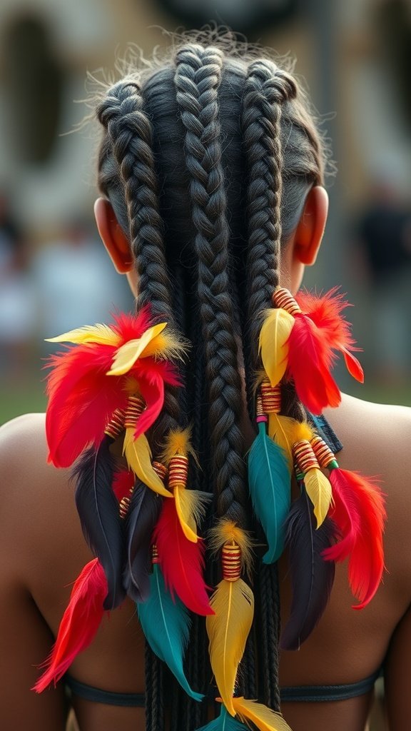 Knotless braids with colorful feather extensions