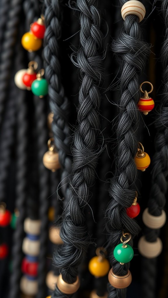 Close-up of black knotless braids with colorful hair charms
