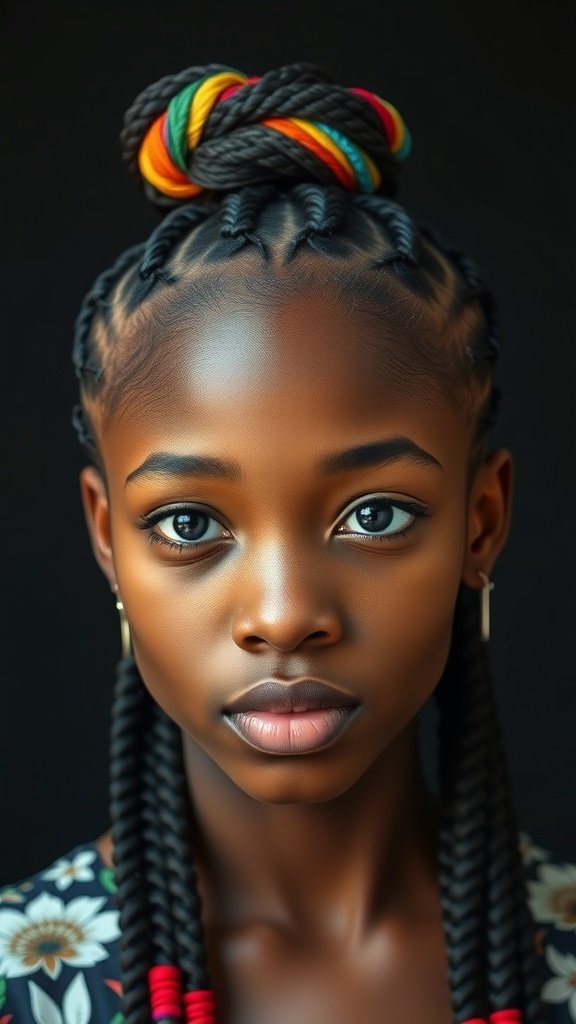 A close-up of a person with knotless braids adorned with colorful hair wraps, showcasing a stylish and vibrant hairstyle.