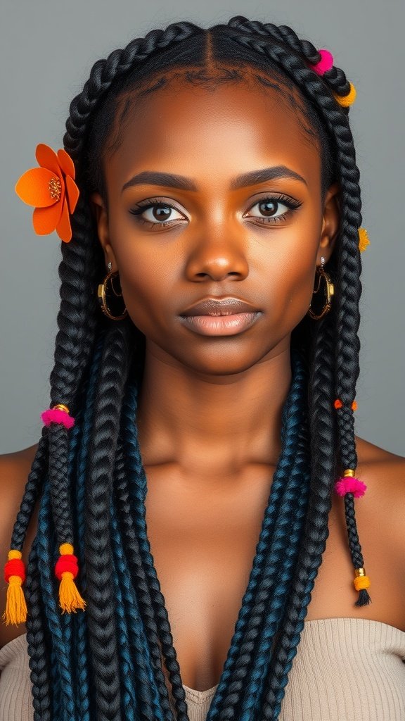 A woman with knotless braids featuring blue and black strands, adorned with colorful hairpieces.