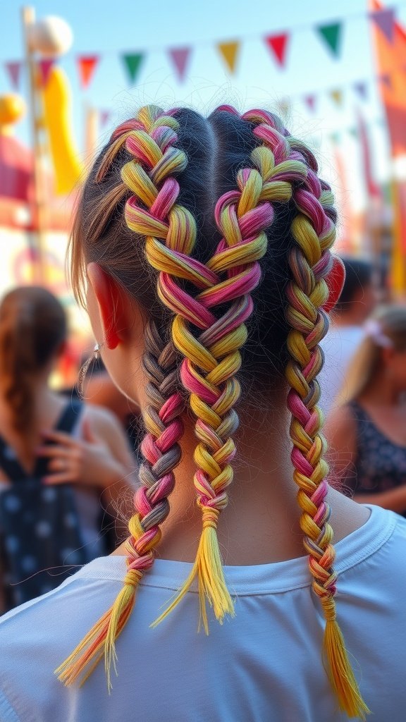 Two heart-shaped knotless braids with colorful pink and yellow highlights