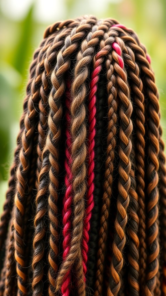A close-up of boho knotless braids featuring a mix of brown and red highlights.