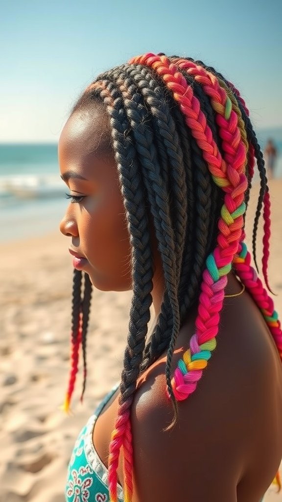 A woman with colorful ombre knotless braids at the beach.