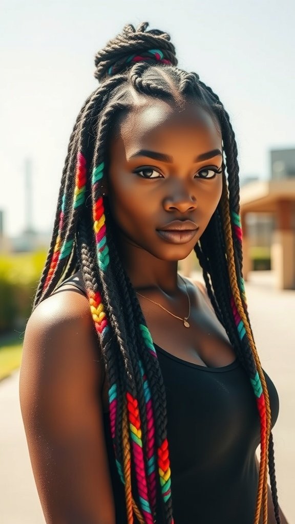 A woman with colorful ombre knotless braids styled in a half-up bun, showcasing vibrant hues.