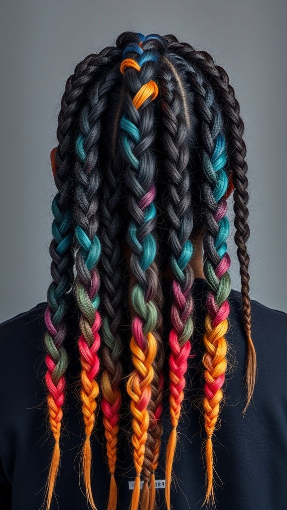 Colorful knotless braids featuring a mix of teal, pink, and orange ombre.
