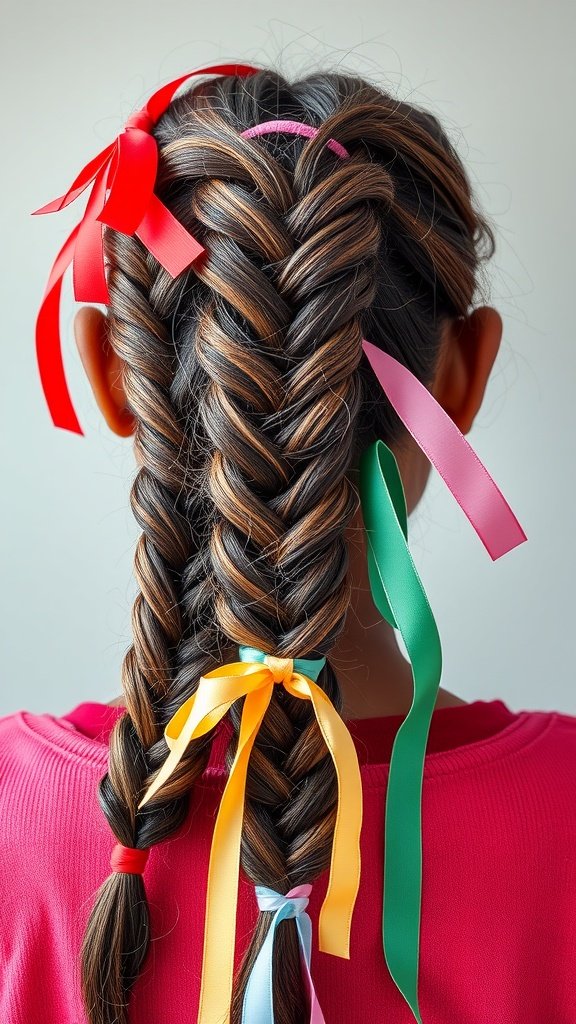 Knotless braids with colorful ribbons in various shades