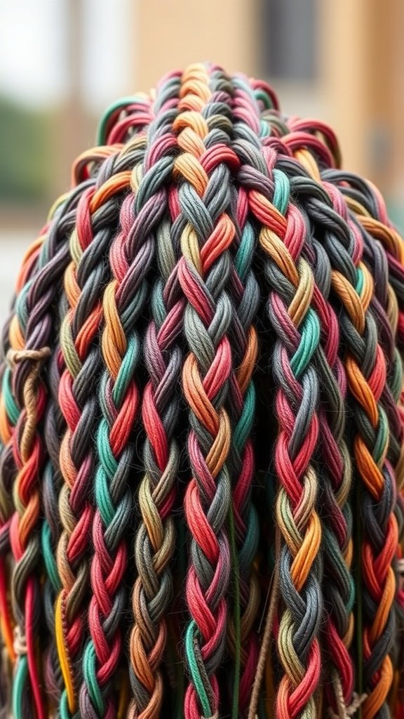Colorful knotless braids featuring vibrant threads in various hues.