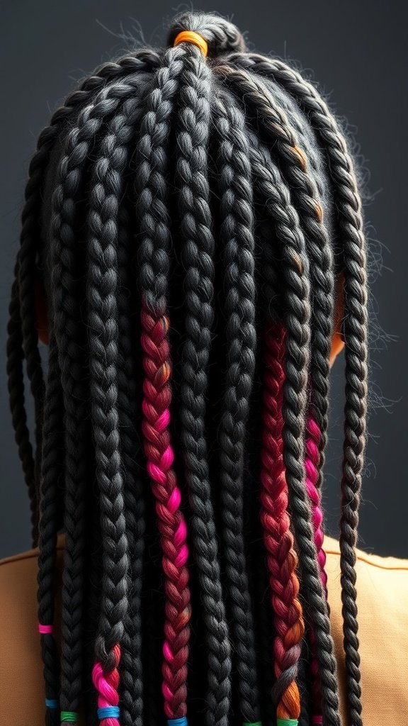 A close-up view of knotless braids with colorful tips, showcasing vibrant shades of pink and red.
