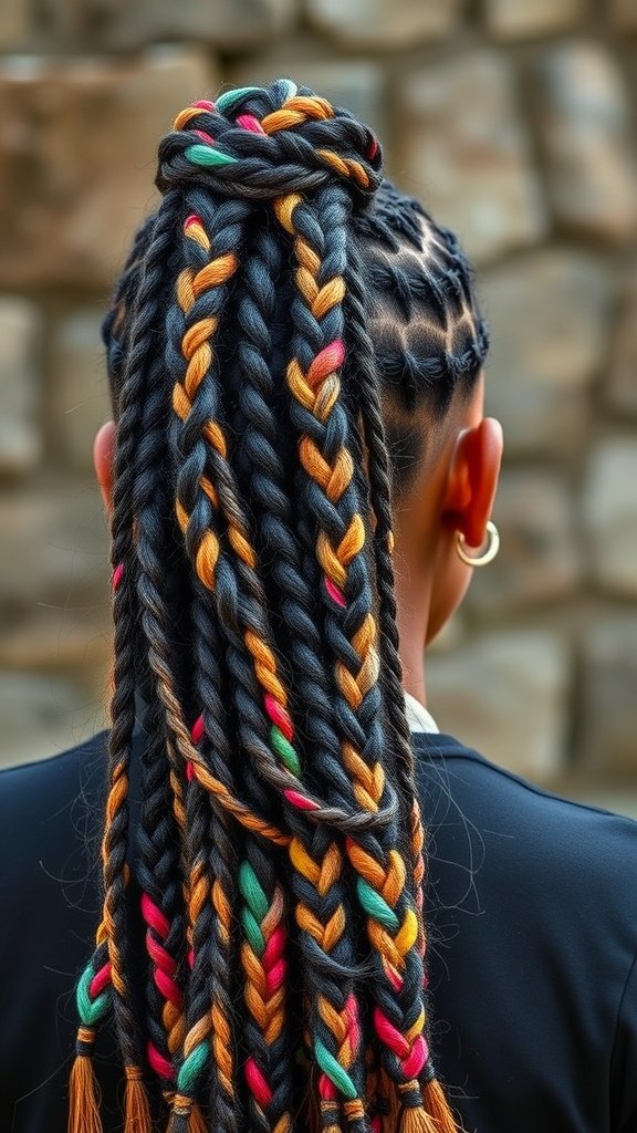 A person with colorful knotless braids featuring black, orange, green, and red hues.