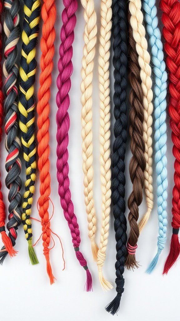 An array of colorful braided hair strands showcasing various shades for knotless braids.