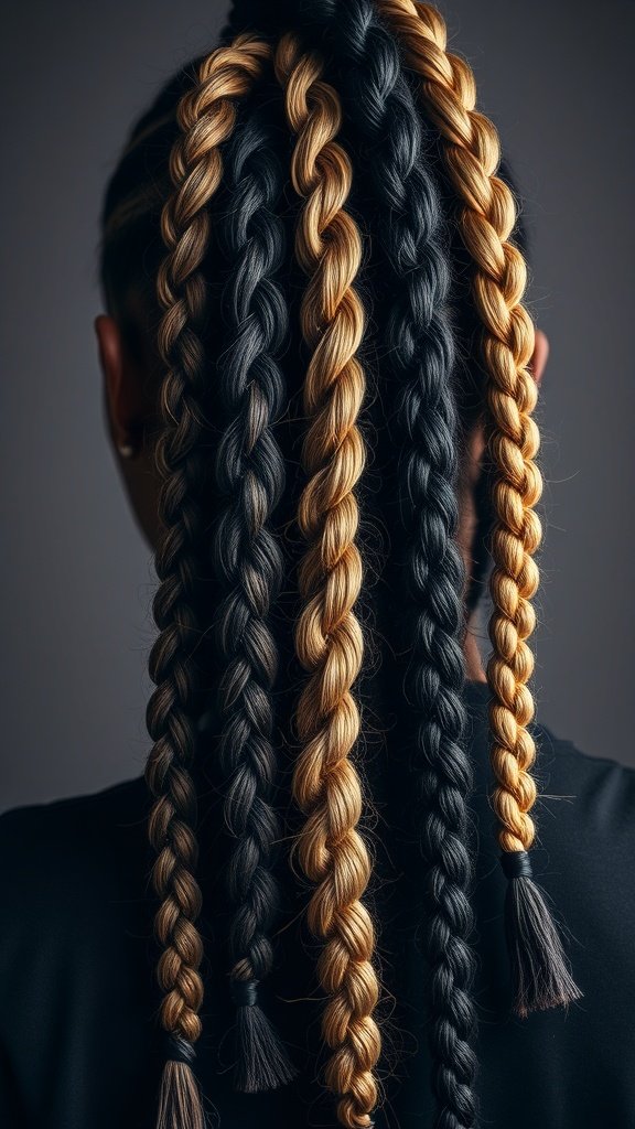 A close-up view of knotless braids featuring a mix of black and blonde colors, showcasing a stylish and unique hairstyle.