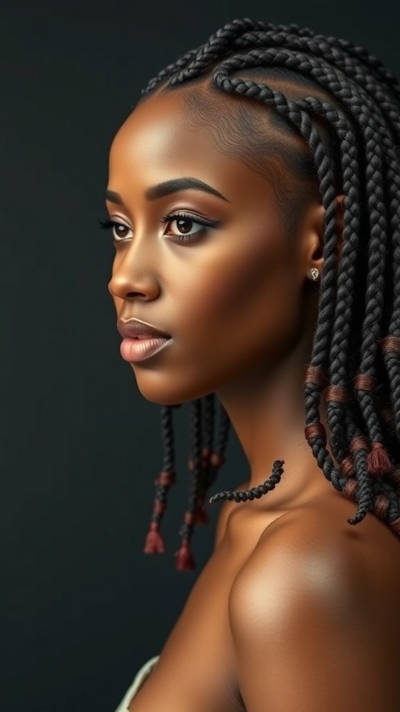 A close-up of a person with knotless braids styled with curls, showcasing a chic and elegant look.