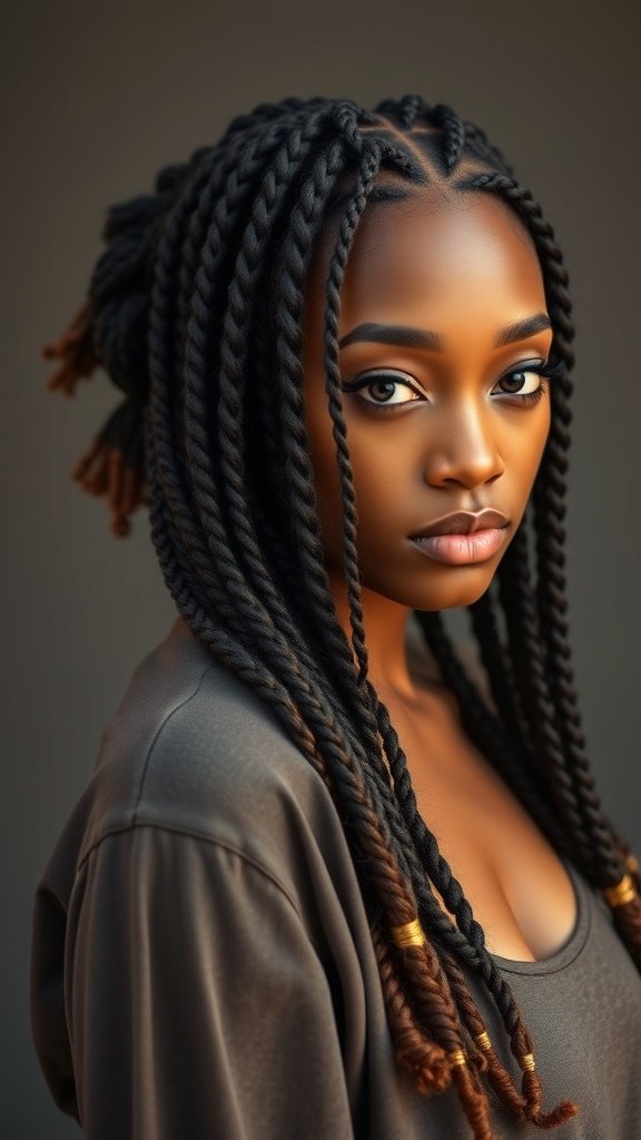 A close-up of a person with small knotless braids styled with curls, showcasing an elegant and trendy hairstyle.