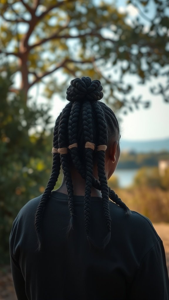A person with knotless braids styled in a bun, with curled ends, standing outdoors.