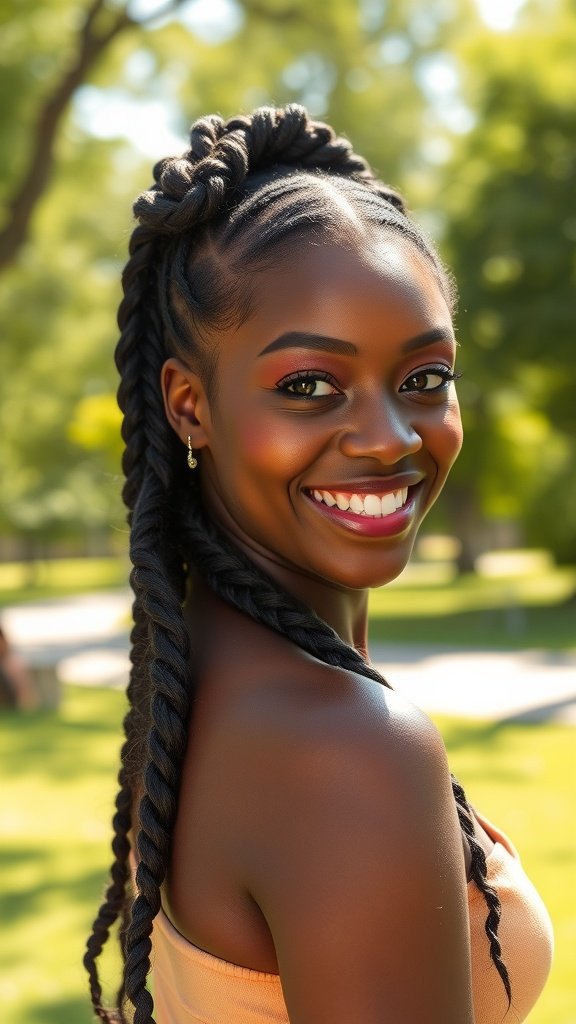 A woman with knotless braids styled with curls at the ends, smiling in a park.