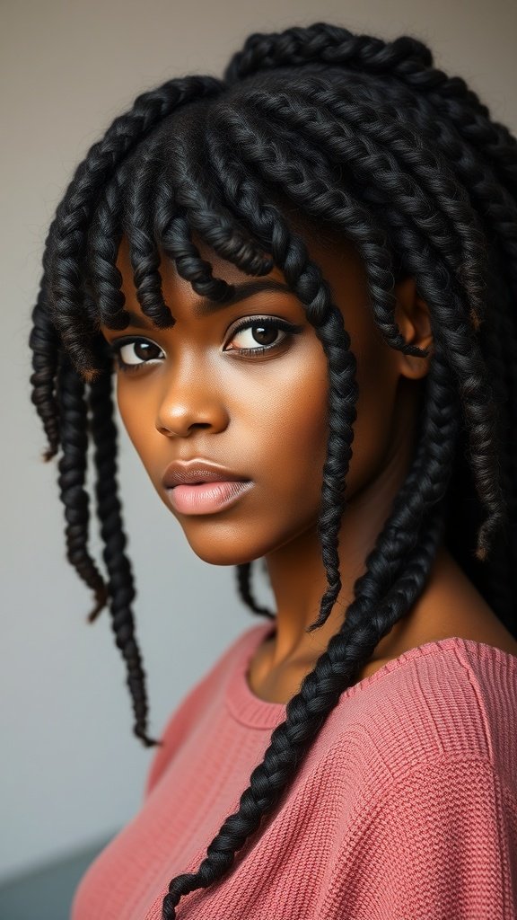 A close-up of a woman with knotless braids styled with curly bangs, showcasing a beautiful and playful hairstyle.