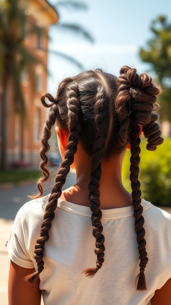 A girl with medium-sized knotless braids styled with curly ends, showcasing a playful and protective hairstyle.