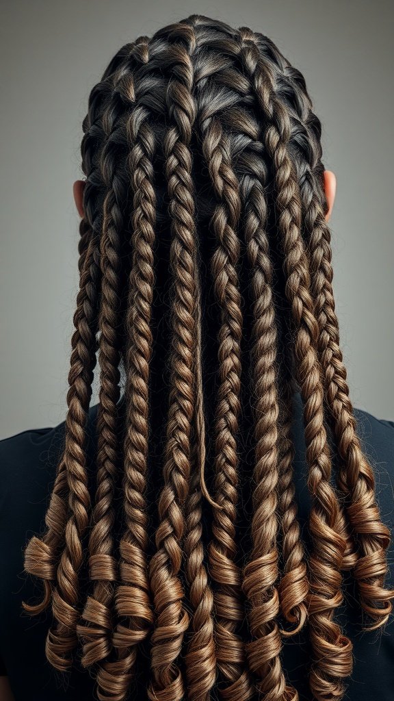 A close-up view of knotless braids with curly ends, showcasing a stylish and protective hairstyle.