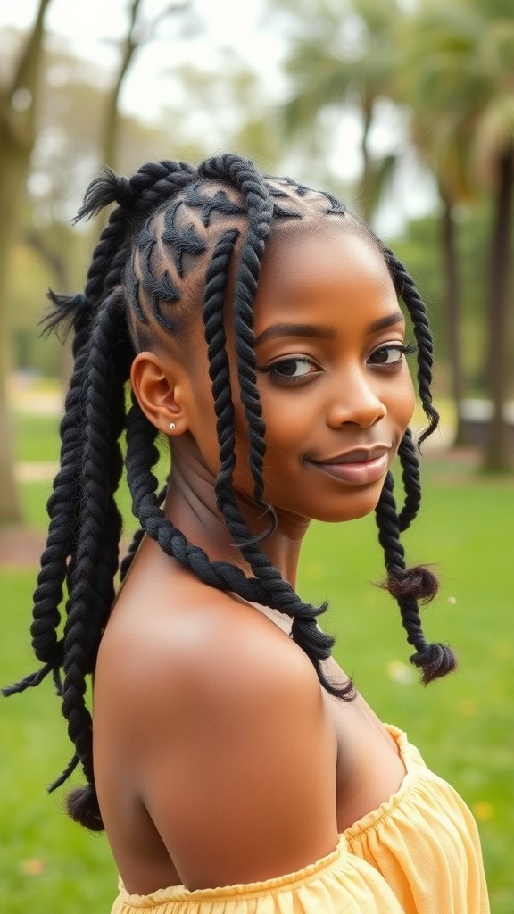 A woman with knotless braids featuring curly ends, showcasing a stylish and playful hairstyle.