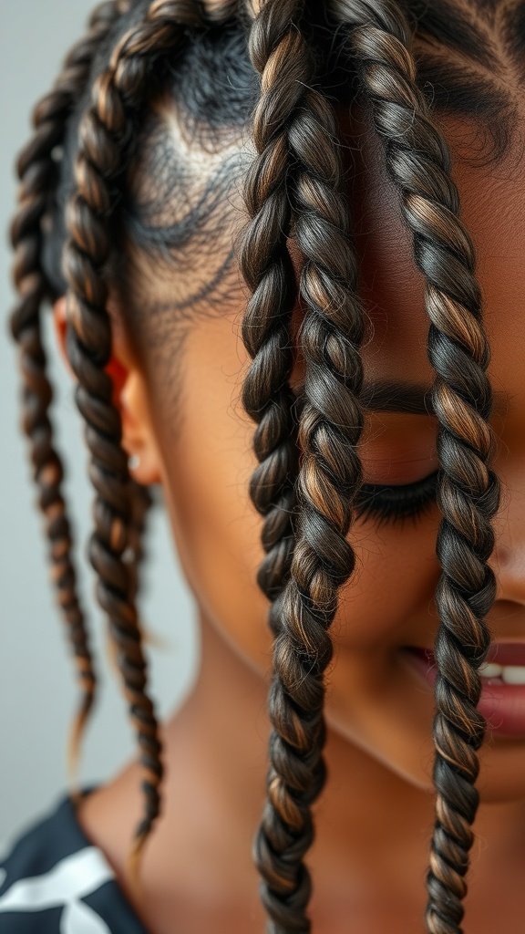Close-up of a woman with short boho knotless braids featuring curly ends.