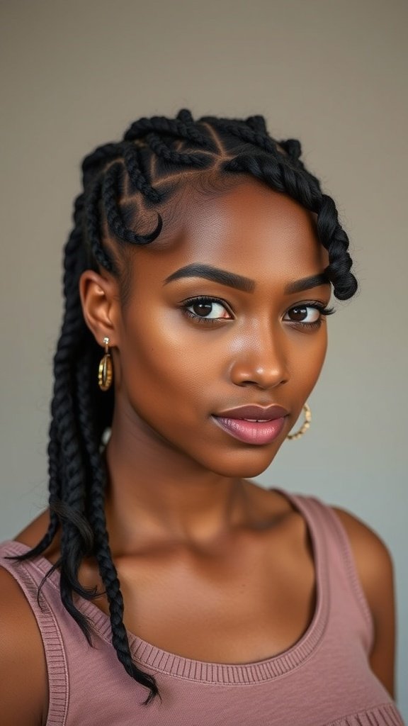 A woman showcasing short boho knotless braids with curly ends, wearing hoop earrings and a casual top.