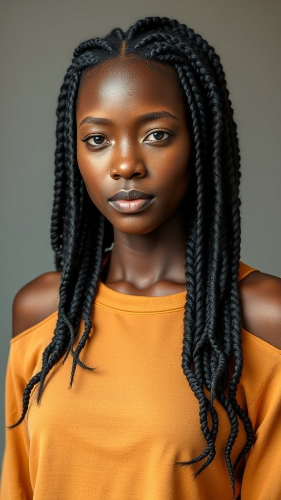 A model showcasing knotless braids with curly ends, wearing an orange top.