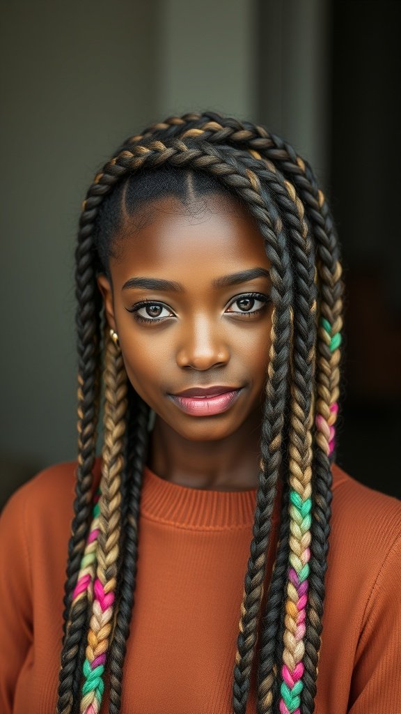 A close-up of a person with colorful knotless braids featuring dipped ends, showcasing a blend of colors.