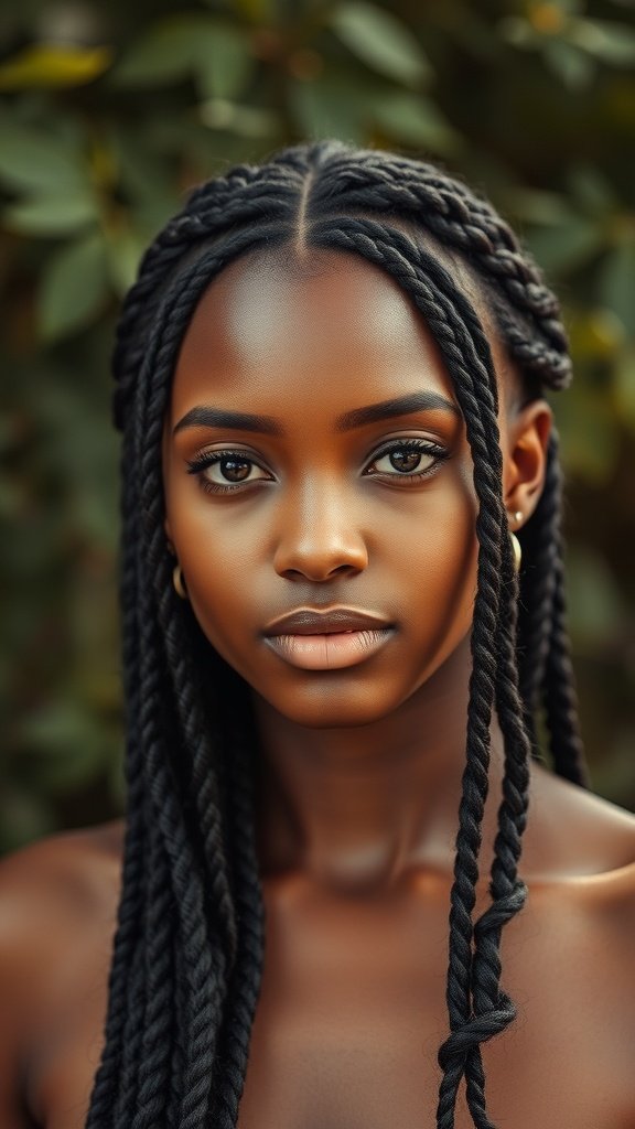 A woman with knotless braids styled with face-framing layers, showcasing a natural and elegant look.