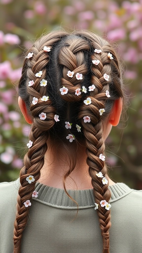 A close-up of a girl's back with two knotless braids adorned with small flowers, set against a blurred floral background.