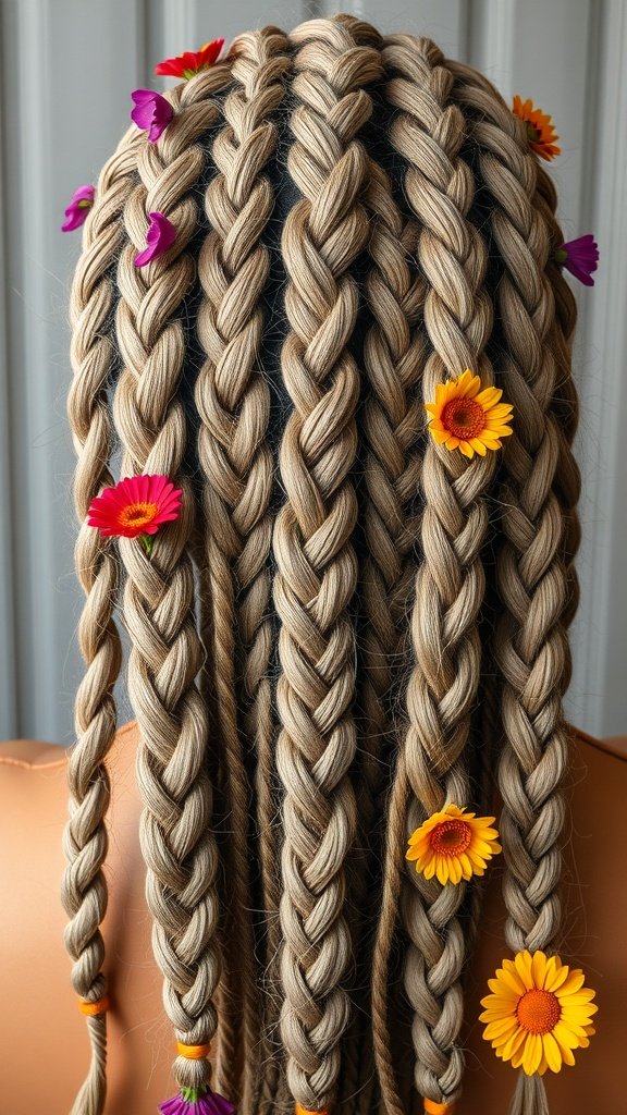Knotless braids with floral color inserts, showcasing a blend of blonde braids and colorful flowers.
