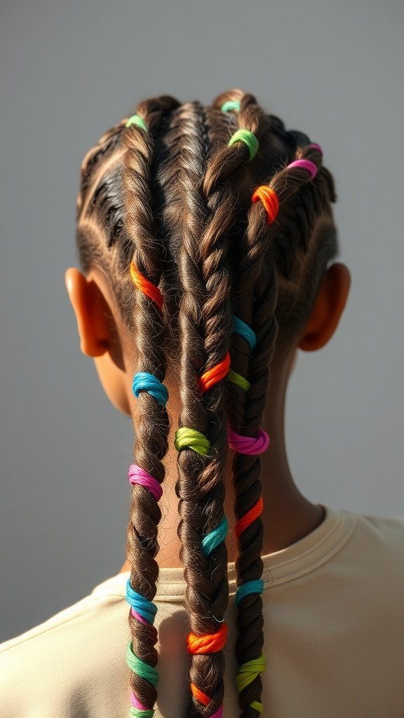 A close-up view of knotless braids with colorful bands, showcasing a playful hairstyle.