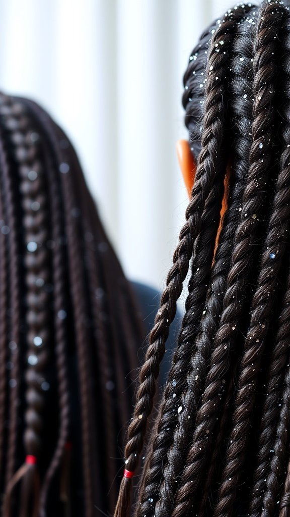 Knotless braids with glitter, showcasing a stylish and protective hairstyle.