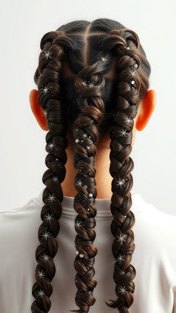 A close-up view of knotless braids decorated with glitter, showcasing a stylish hairstyle.