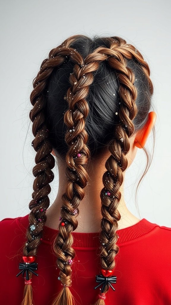 Two knotless braids with glitter and colorful accessories