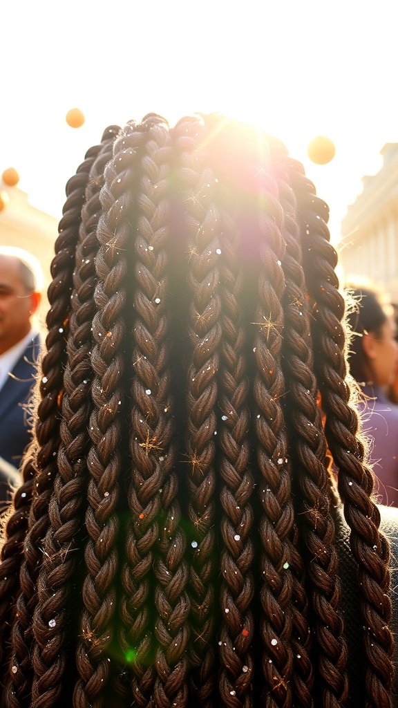 A close-up view of long knotless braids adorned with glitter, shining in the sunlight.