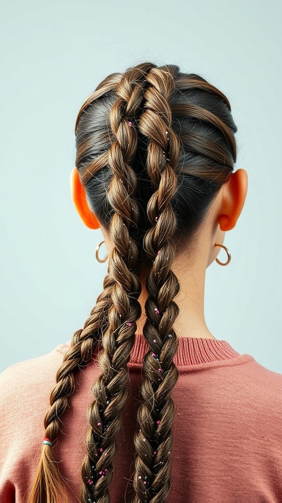 A close-up view of two knotless braids adorned with glitter, showcasing a stylish and playful hairstyle.