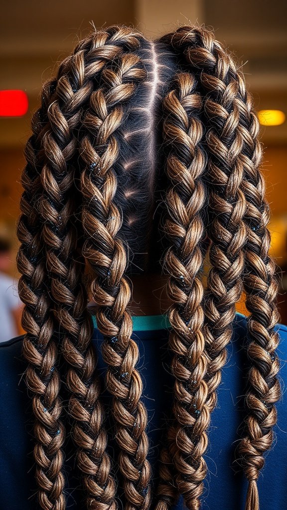 Close-up of knotless braids with glitter, showcasing a stylish and playful hairstyle.