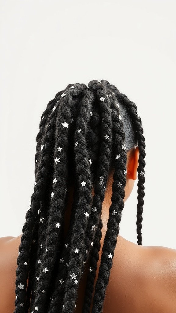 A close-up view of long knotless braids adorned with silver star glitter accents.